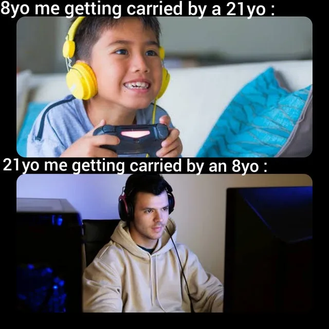The meme features two images: the top shows a young boy with yellow headphones smiling while holding a game controller…