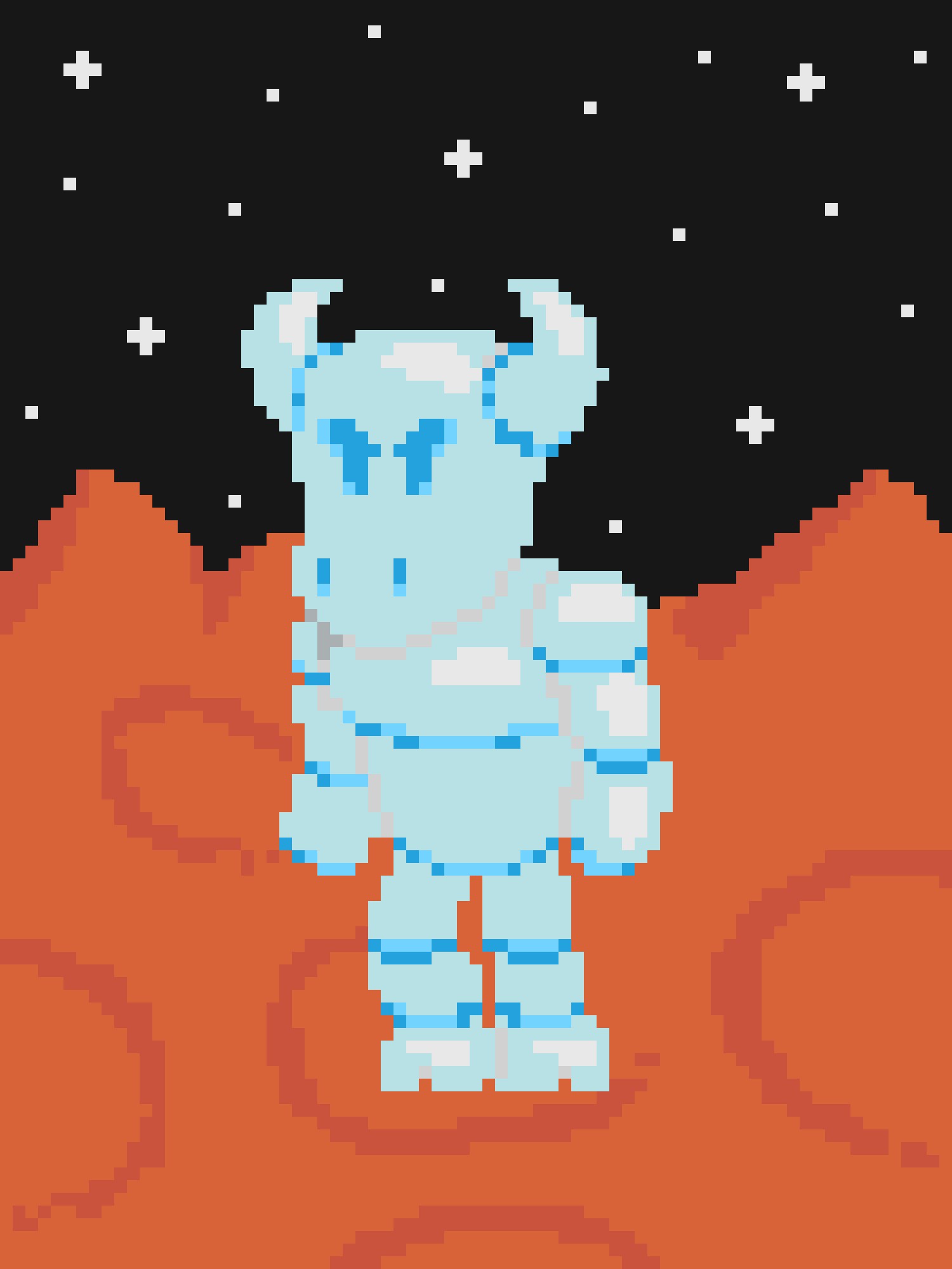 A pixel art image shows a light blue, crying cartoon character with large tears, standing against a black background with…