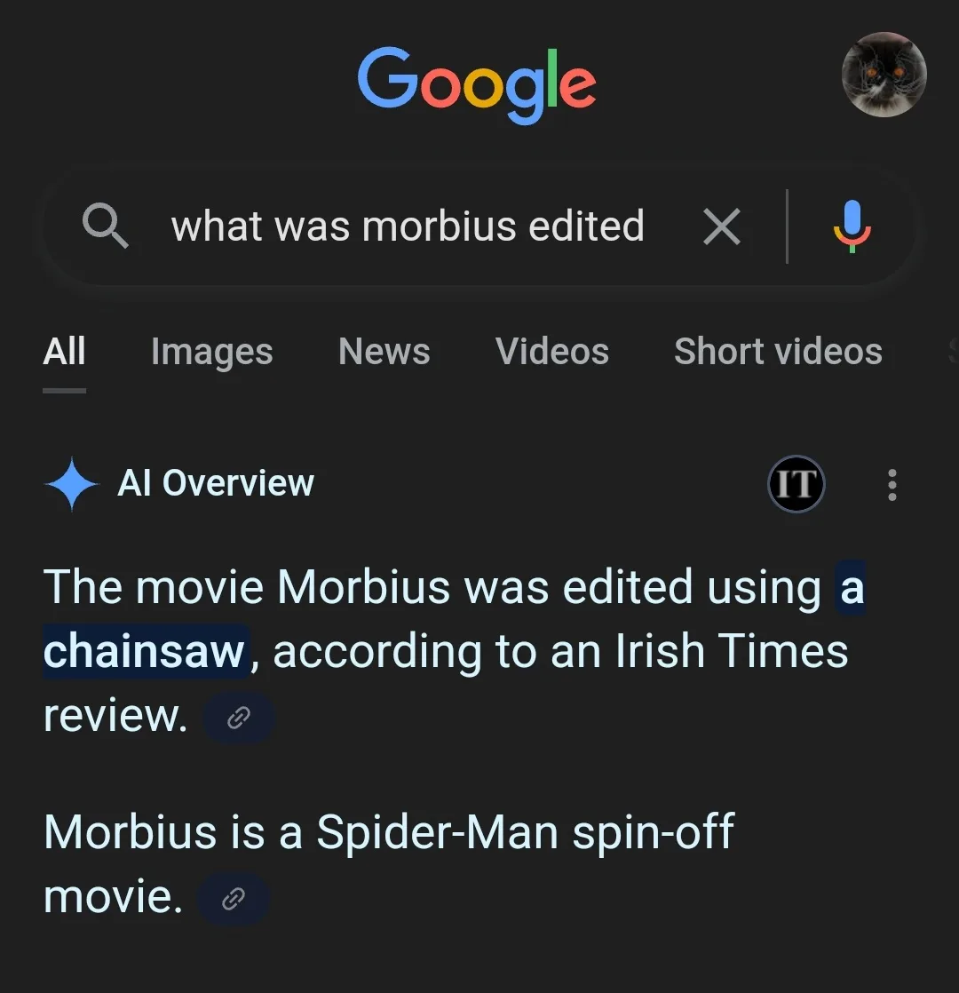 A screenshot of a Google search results page with the query 'what was morbius edited' visible in the search bar. The AI…