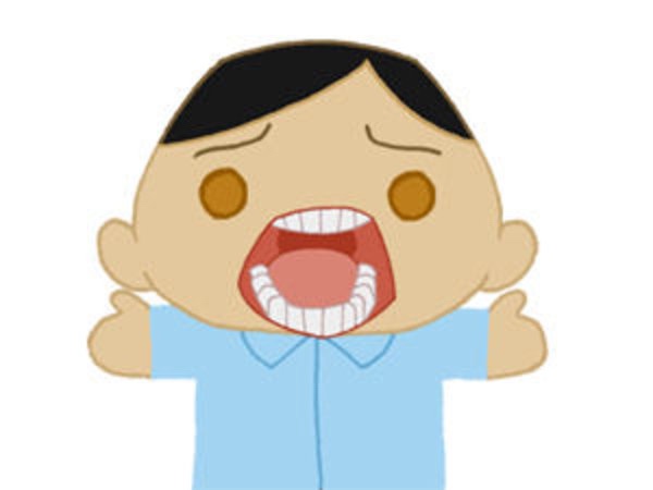 A cartoon baby with black hair, wide eyes, and an open mouth screaming, wearing a light blue collared shirt, with arms…