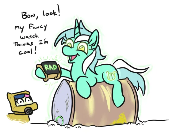 A teal pony with a lyre cutie mark sits atop a large barrel, proudly displaying a wristwatch that reads 'RAD' while a small…