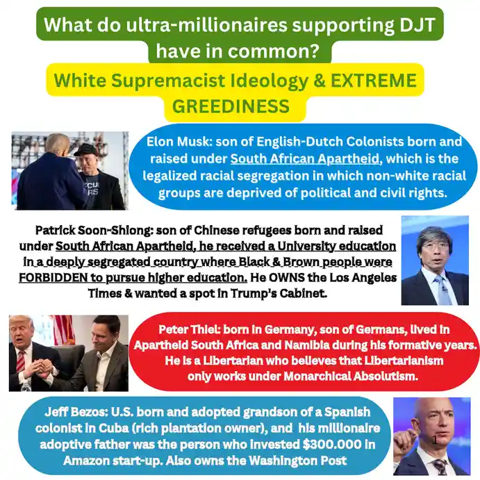 An infographic-style meme lists four ultra-millionaires—Elon Musk, Patrick Soon-Shiong, Peter Thiel, and Jeff Bezos—each…