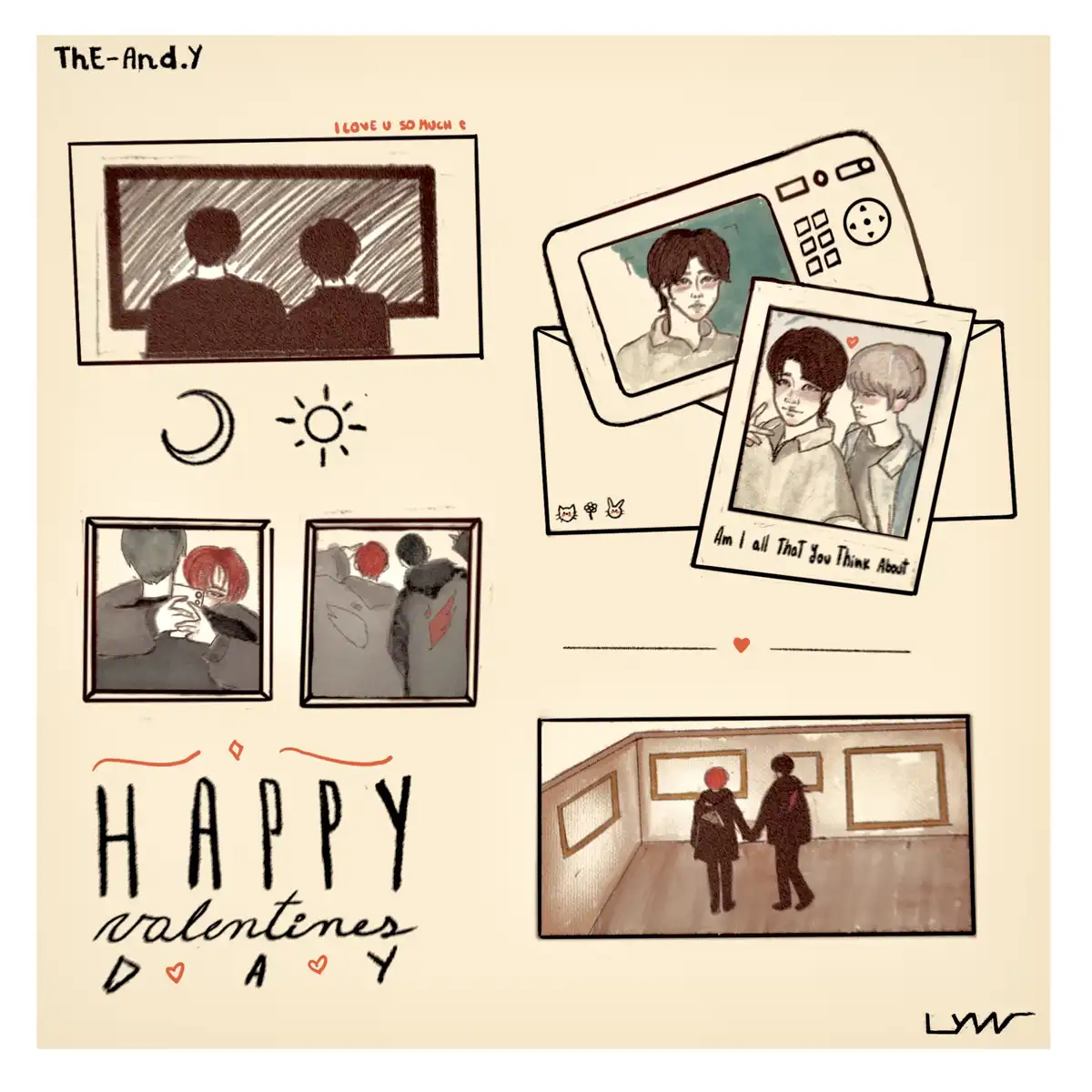 A hand-drawn Valentine's Day collage featuring multiple illustrated scenes of two people, including back views, a phone…