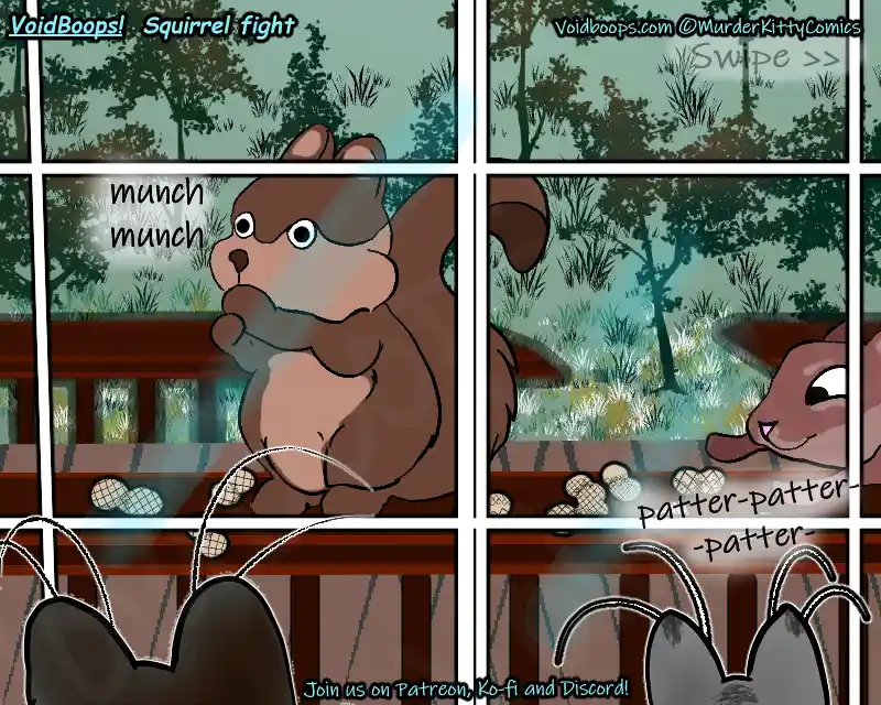 A comic strip shows a brown squirrel happily eating nuts on a wooden deck, with onomatopoeia 'munch munch' above it. In the…