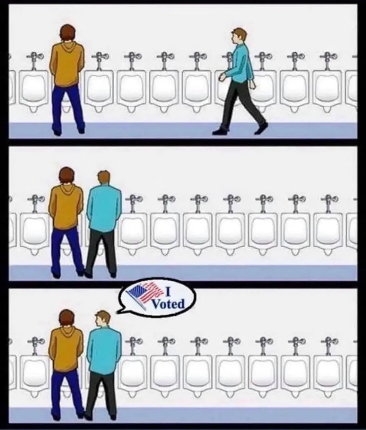 A three-panel cartoon depicts a man in a yellow hoodie using a public restroom urinal. Another man in a blue shirt walks up…