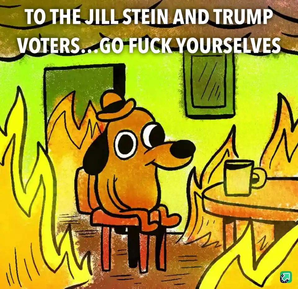 A cartoon dog wearing a hat sits calmly in a chair surrounded by flames, holding a mug, while the overlaid text reads 'TO…