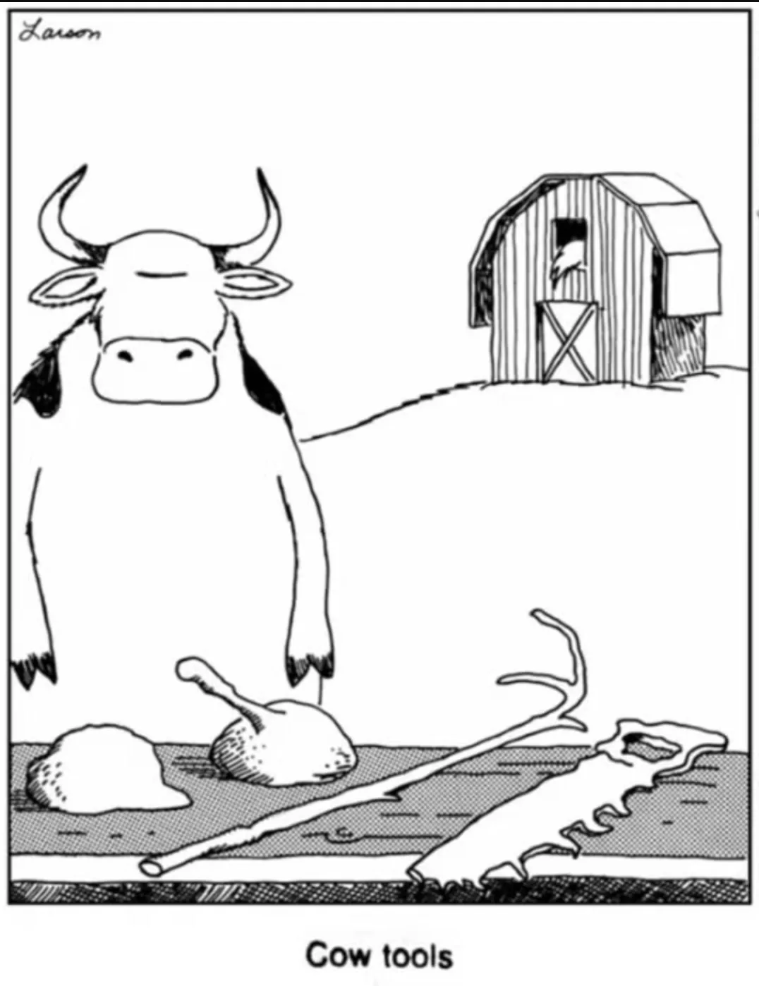 A black-and-white cartoon shows a large cow standing in a field with a barn in the background. In front of the cow, on the…