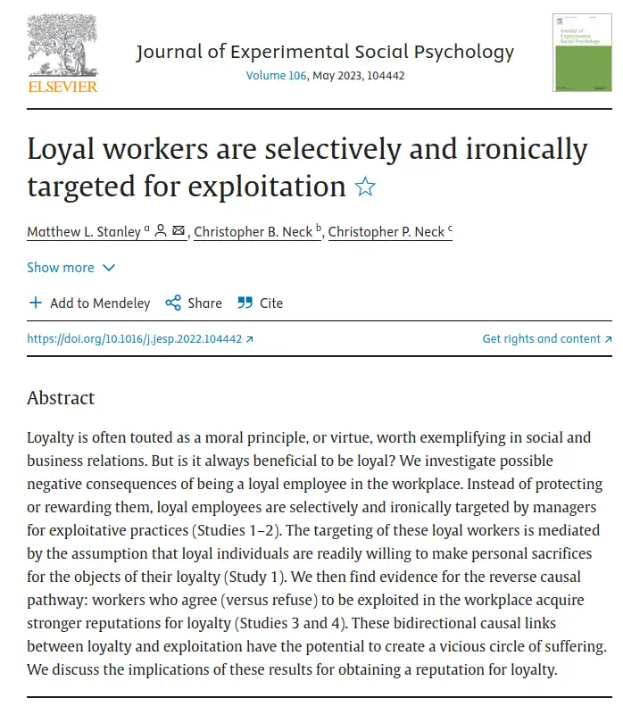A screenshot of a scholarly article from the Journal of Experimental Social Psychology, titled 'Loyal workers are…
