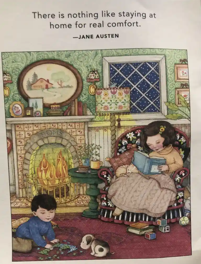 An illustration depicts a cozy, warmly lit room with a fireplace, where a girl in a floral armchair reads a book while…