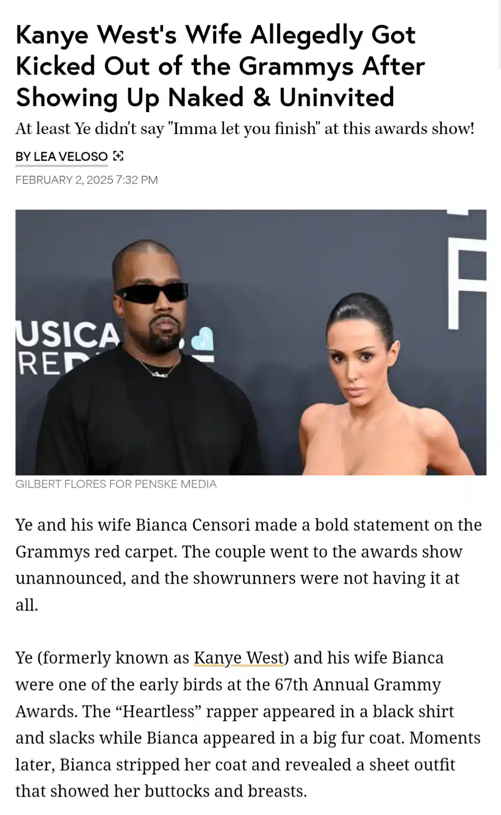 A screenshot of a news article about Kanye West and his wife Bianca Censori at the Grammys, where she allegedly appeared…