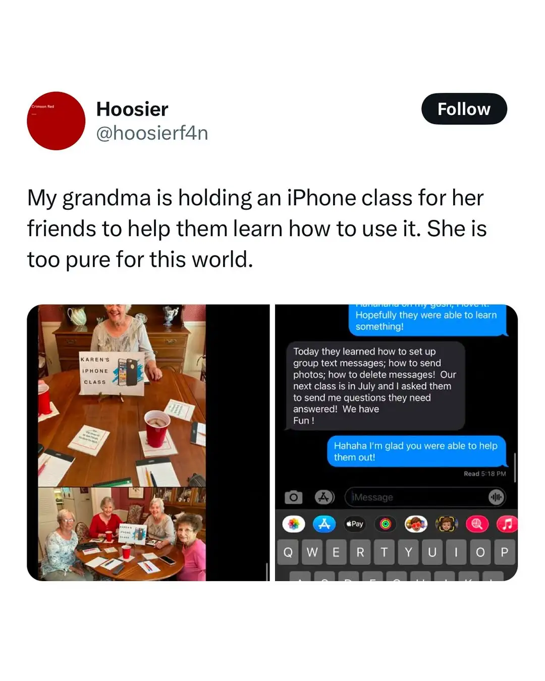 A social media post shows two images: one of an elderly woman smiling behind a sign reading 'KAREN'S IPHONE CLASS' with…