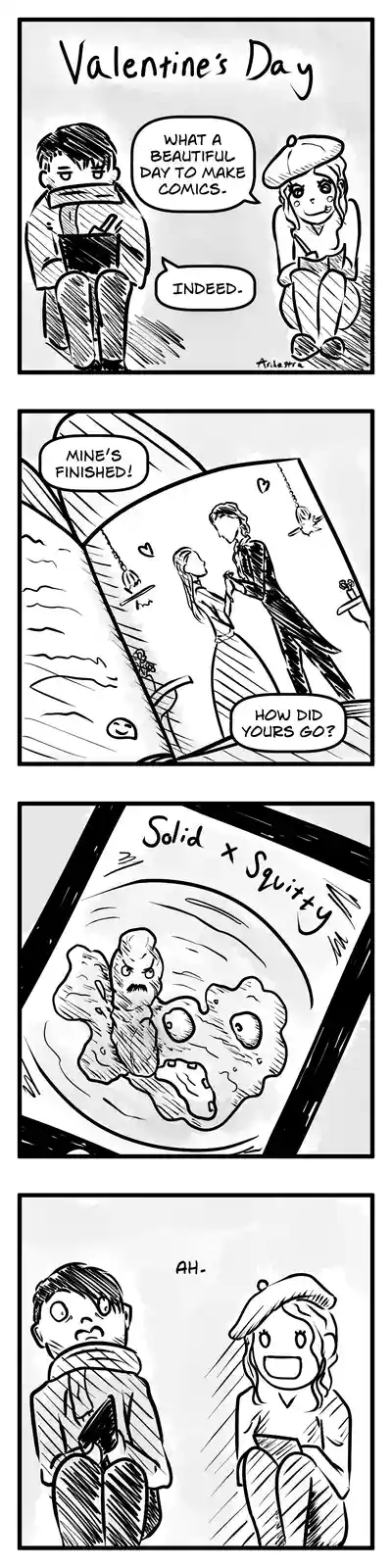 A four-panel comic strip titled 'Valentine's Day' shows two cartoon characters discussing their comic creations. The first…