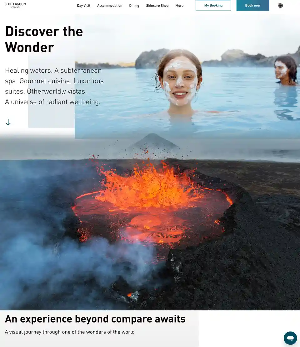The image is a composite of two photos: the top shows a woman with a white mud mask smiling while relaxing in the Blue…