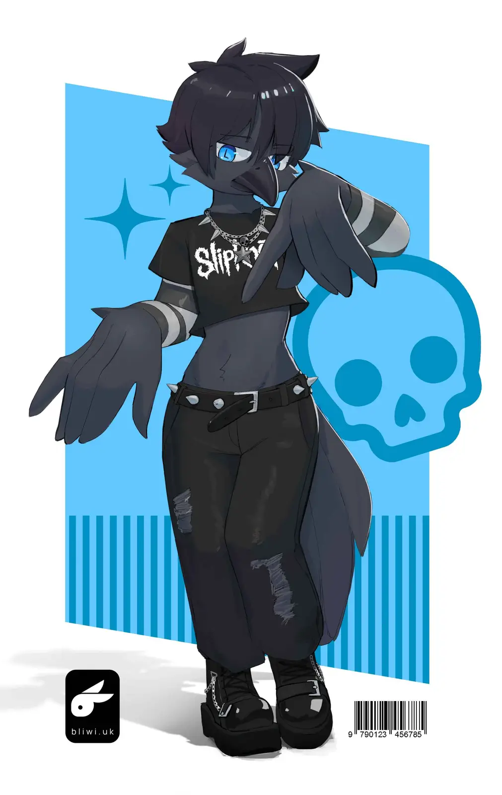 An anime-style anthropomorphic crow with black hair and blue eyes poses confidently in a punk outfit featuring a black…