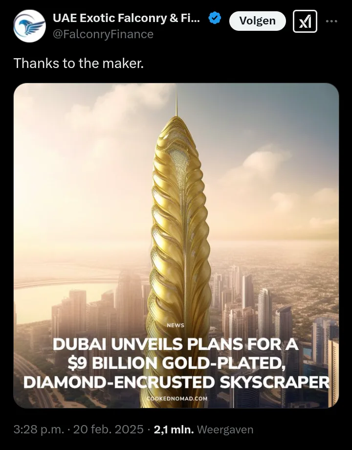 An image of a futuristic skyscraper shaped like a giant golden feather, set against a cityscape, with overlaid text…