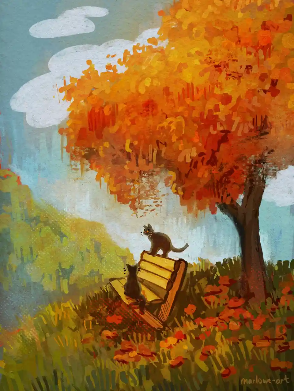 A painting depicts two black cats on a wooden bench under a large, vibrant orange autumn tree. One cat sits on the bench…