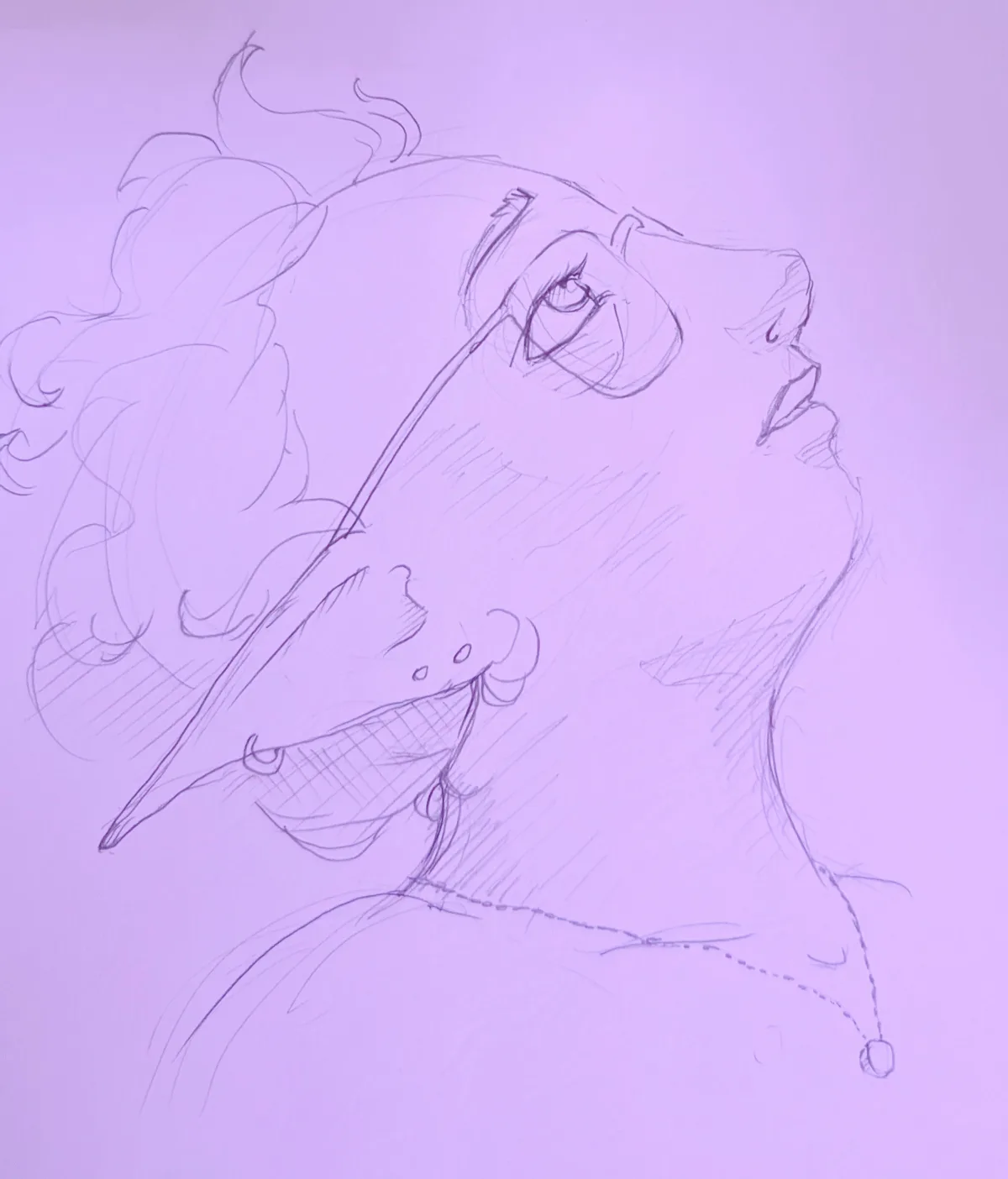 A purple-tinted pencil sketch shows a person's face in profile, looking upward with an expression that appears to be a mix…