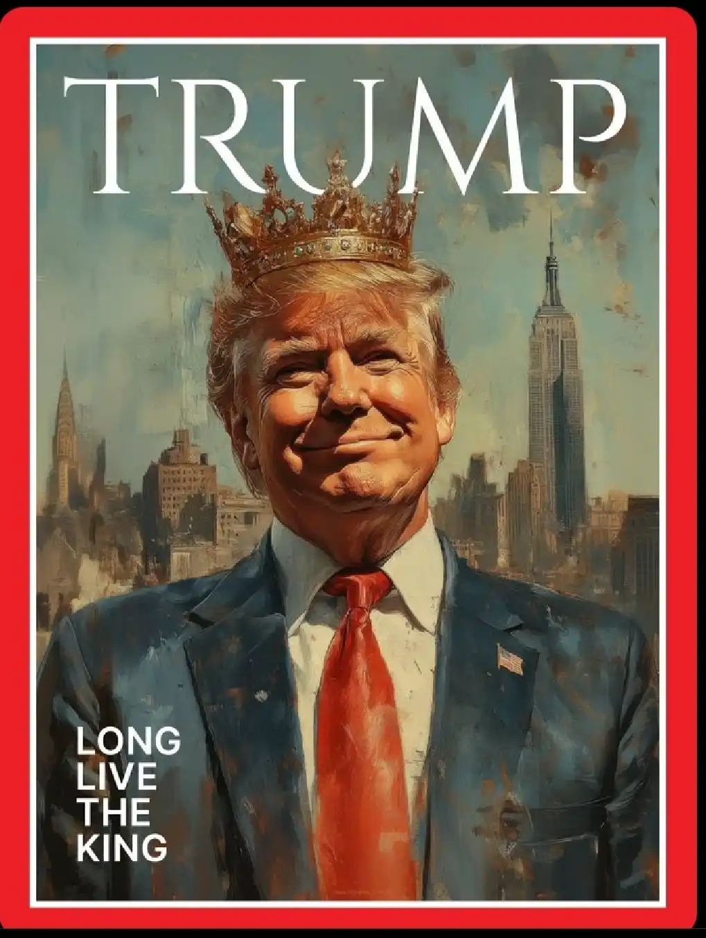 A stylized, painterly image resembling a magazine cover features Donald Trump wearing a golden crown, smiling, against a…