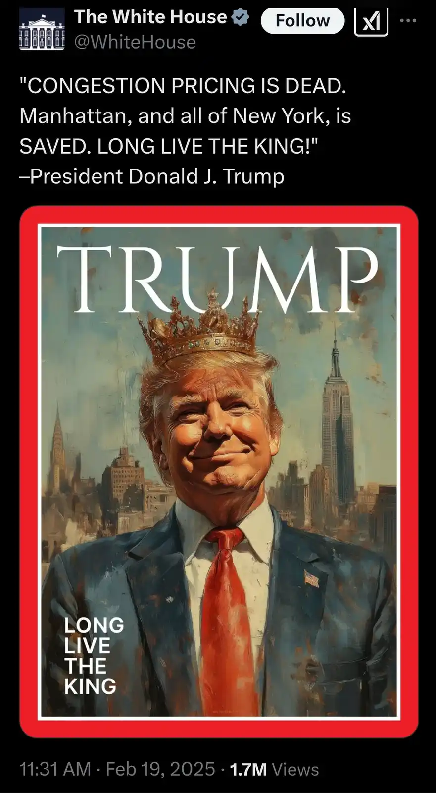 An AI-generated image styled like a magazine cover shows Donald Trump wearing a golden crown, smiling, with a New York City…
