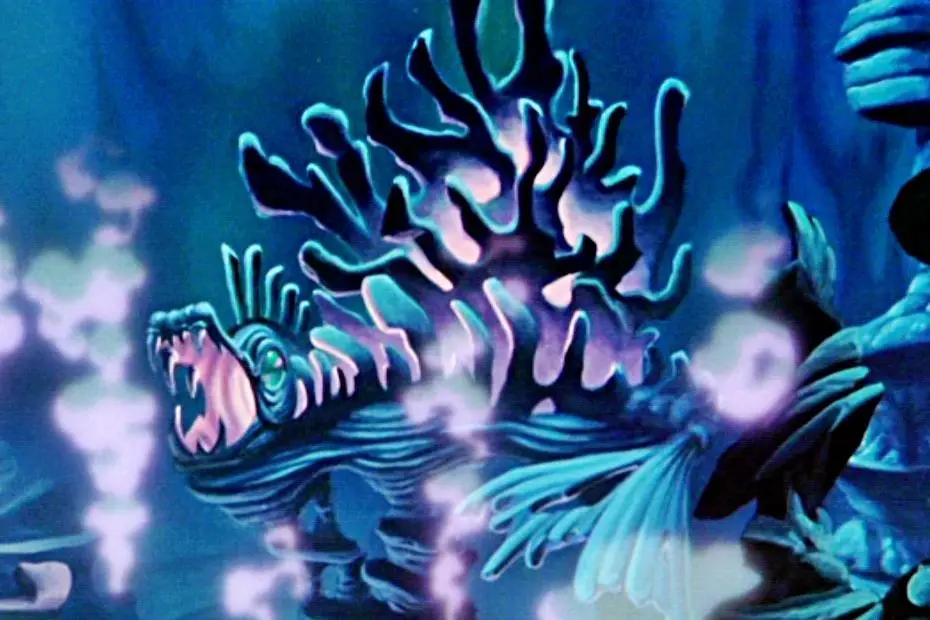 A stylized, glowing blue lionfish with an open mouth and menacing expression is shown underwater, surrounded by ethereal…