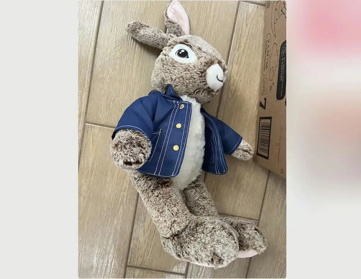 A brown plush rabbit toy wearing a blue denim-style jacket with gold buttons lies on a light wood floor next to a cardboard…