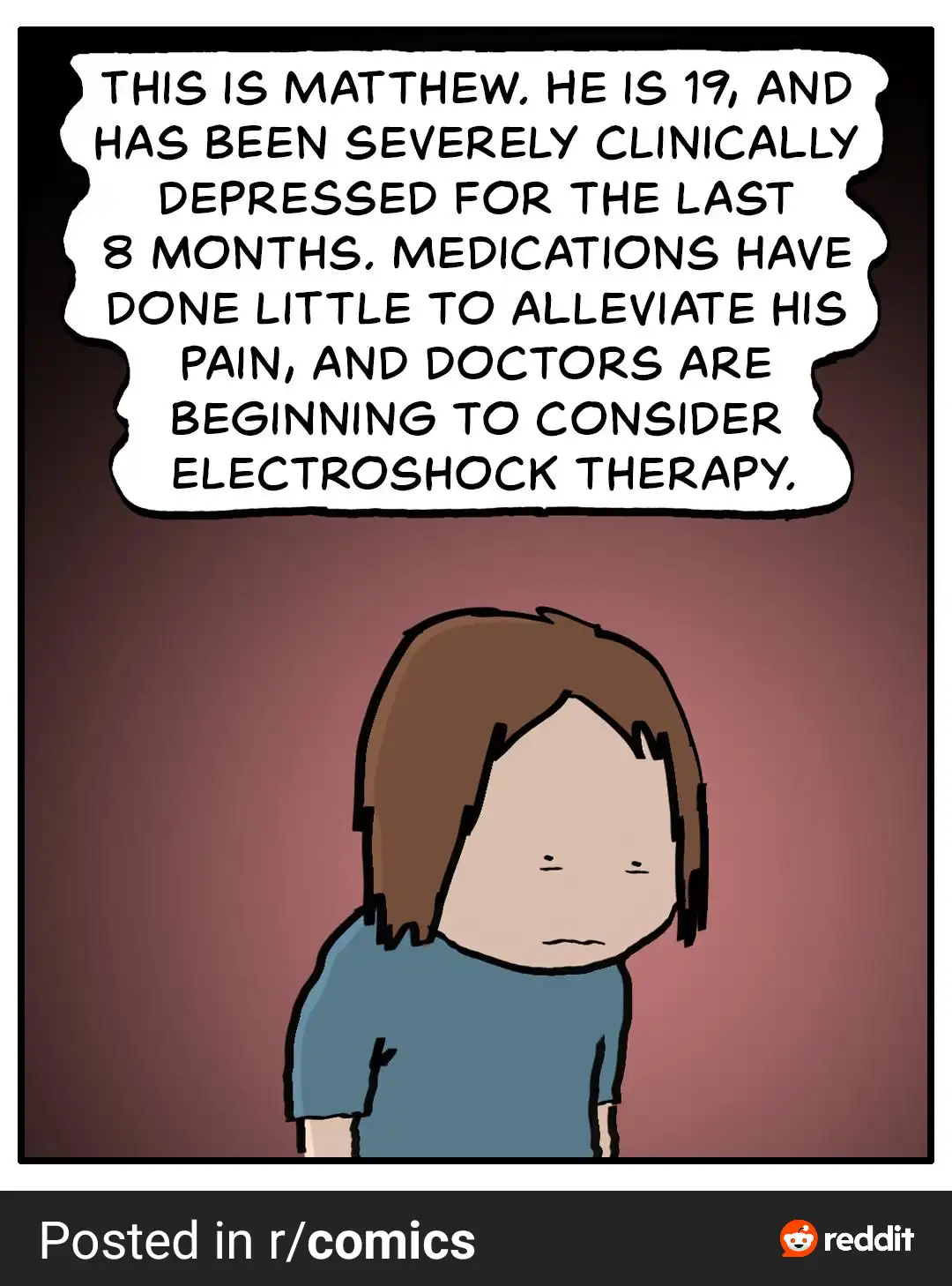 A simple cartoon depicts a young person with brown hair and a blue shirt, looking down with a sad expression against a plain…