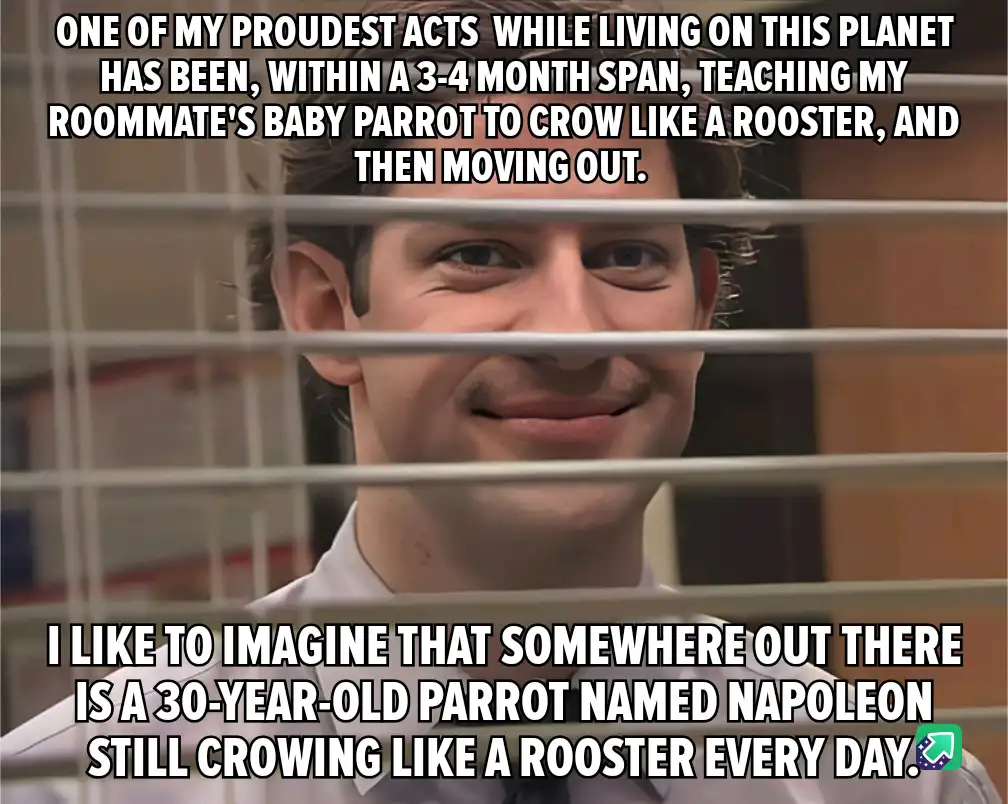 A man with a smug, self-satisfied smile peers through office blinds. Overlaid text describes him proudly teaching a…