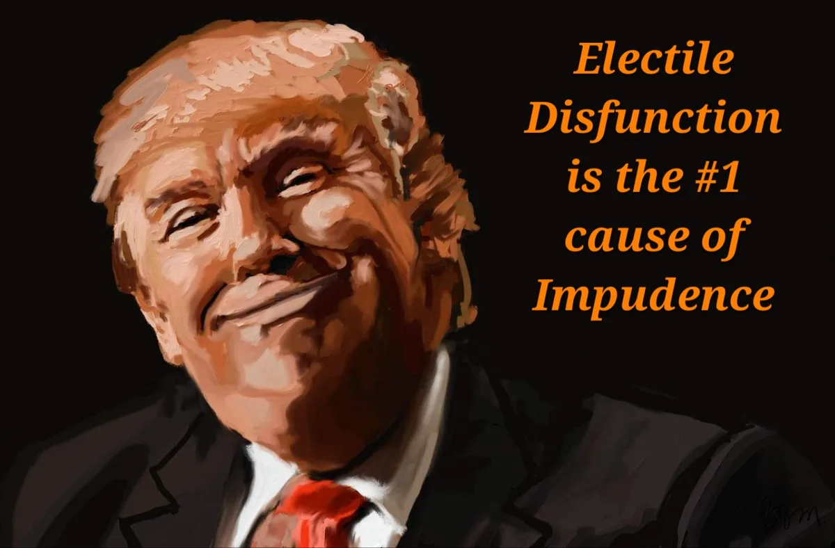 A stylized, painterly portrait of Donald Trump smiling broadly against a black background, wearing a dark suit and red tie…