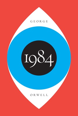 The image displays the iconic cover of George Orwell's novel '1984', featuring a stylized eye shape with concentric circles…