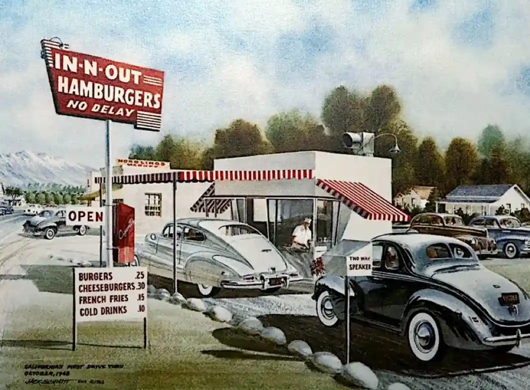 A vintage 1940s illustration depicts an 'In-N-Out Hamburgers' drive-thru with a red and white striped awning, classic cars…