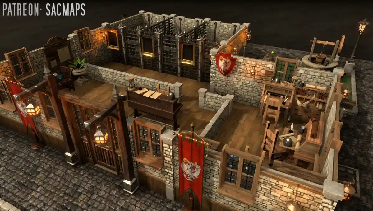 An isometric view of a detailed medieval-style stone building with wooden floors, multiple rooms, bookshelves, desks…