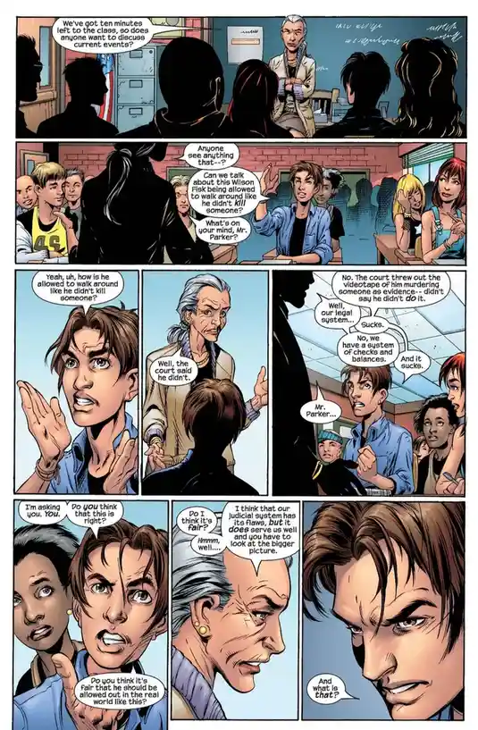 A comic book panel sequence shows a student, Mr. Parker, angrily questioning his teacher about Wilson Fisk being allowed to…
