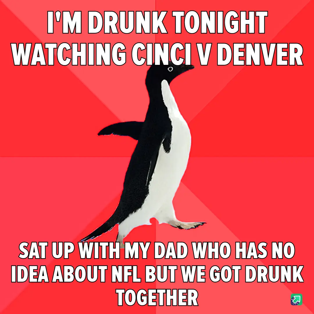 A black-and-white penguin stands against a red background with white text overlaid. The top text reads 'I'M DRUNK TONIGHT…