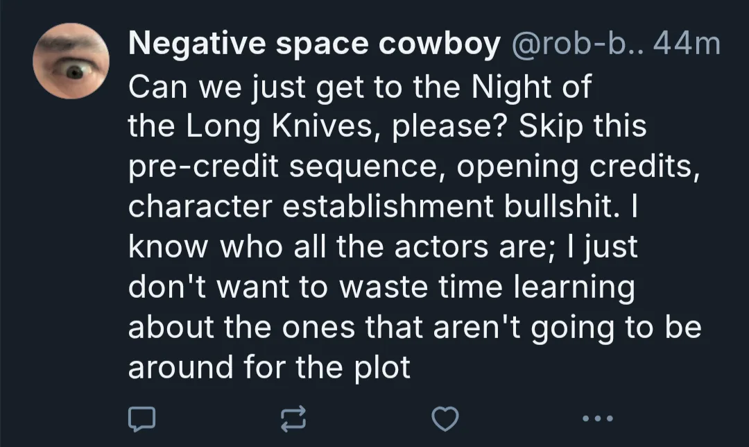 A screenshot of a tweet from 'Negative space cowboy' with a circular profile picture showing a single human eye. The tweet…