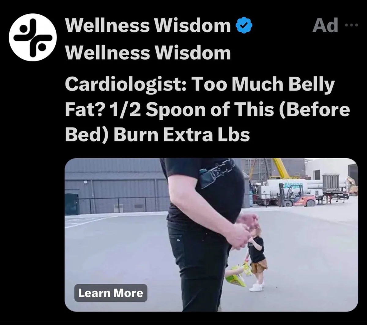 An advertisement screenshot for 'Wellness Wisdom' shows a man in black clothes holding a child's hand while walking…