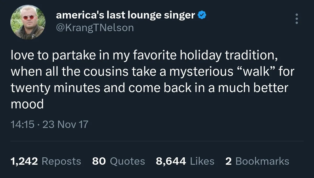 A screenshot of a tweet from the verified account 'america's last lounge singer' (@KrangTNelson) with a profile picture of a…