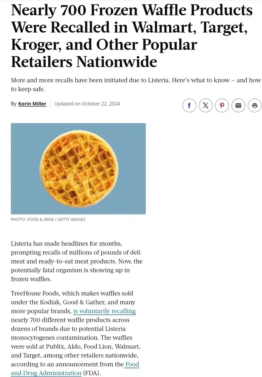 A news article screenshot shows a headline about a waffle recall due to Listeria. The accompanying image is a stock photo of…