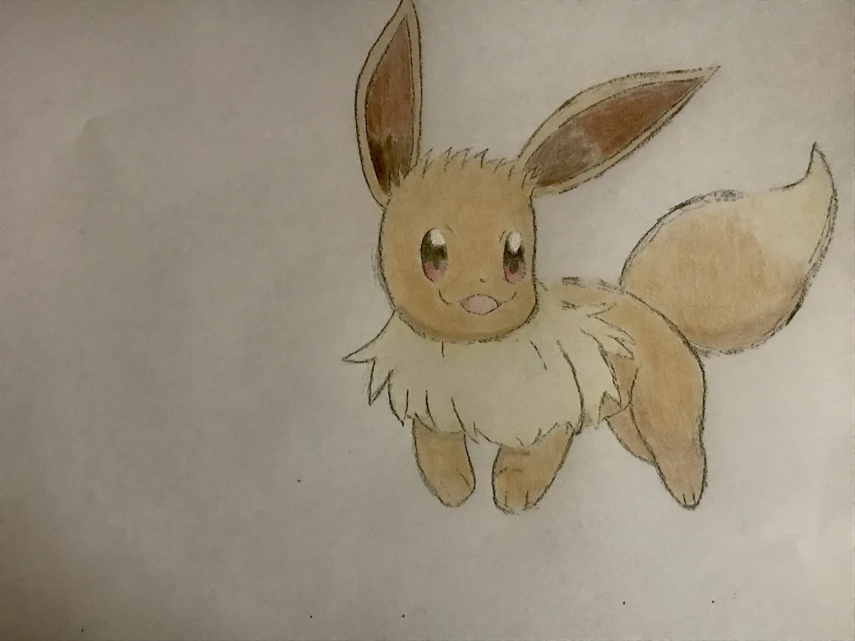A hand-drawn colored pencil illustration of the Pokémon Eevee on plain white paper, featuring its characteristic large ears…