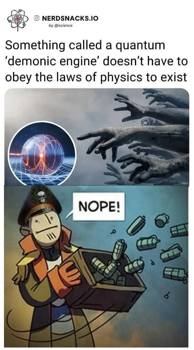 The image is a two-panel meme. The top panel shows a circular graphic of a glowing quantum sphere with red energy lines and…