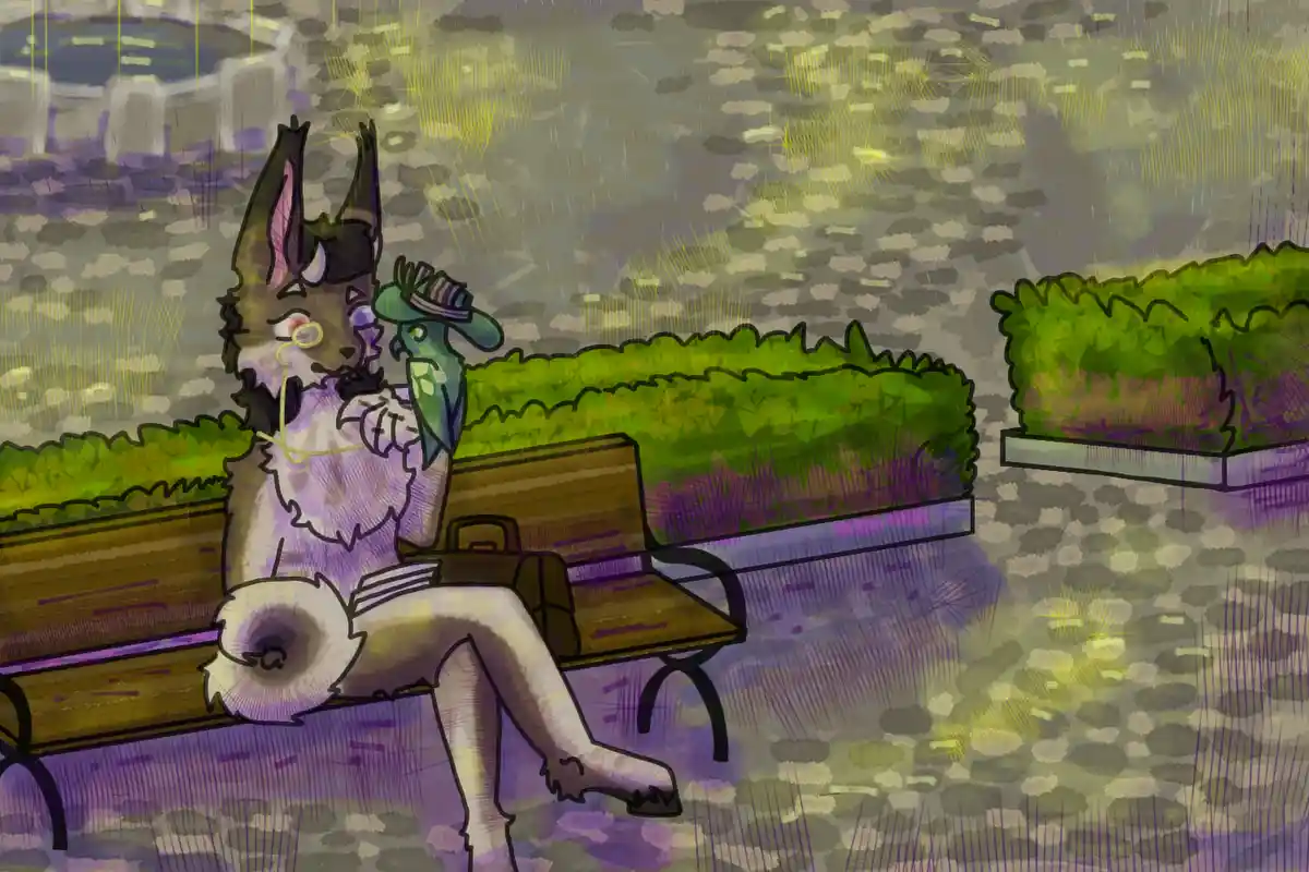 An anthropomorphic fox with glasses and a fluffy tail sits on a park bench holding a green parrot wearing a tiny hat…