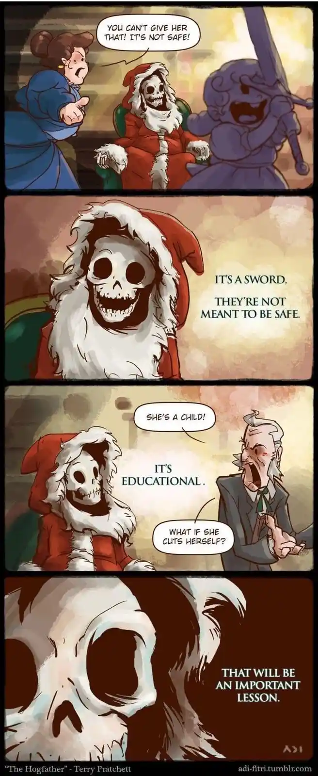 A four-panel comic strip featuring a skeletal Santa Claus, a woman in a blue dress, and an older man in a suit. The woman…