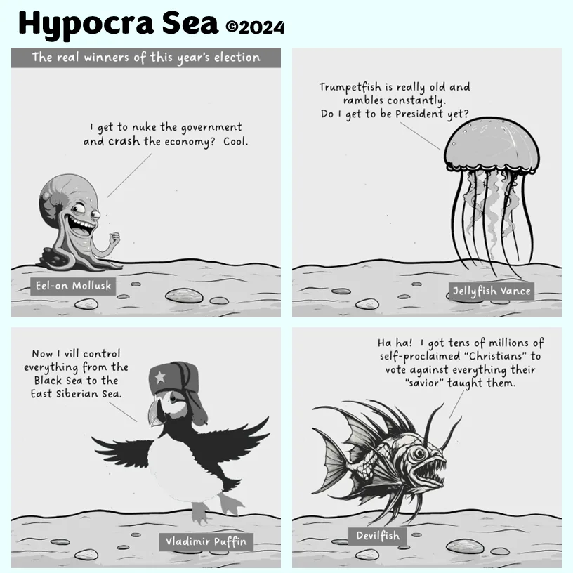 A four-panel comic titled 'Hypocra Sea ©2024' depicts sea creatures as political figures. An octopus named 'Eel-on Mollusk'…