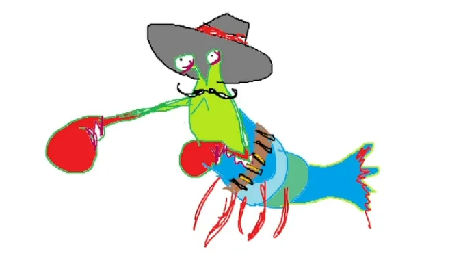 A crudely drawn cartoon lobster wearing a grey sombrero with a red band, a black mustache, and red boxing gloves, posed as…