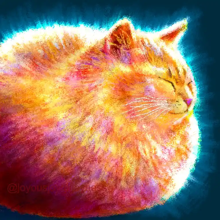 A stylized digital artwork of a fluffy orange cat curled into a ball, eyes closed in serene sleep, rendered with vibrant…