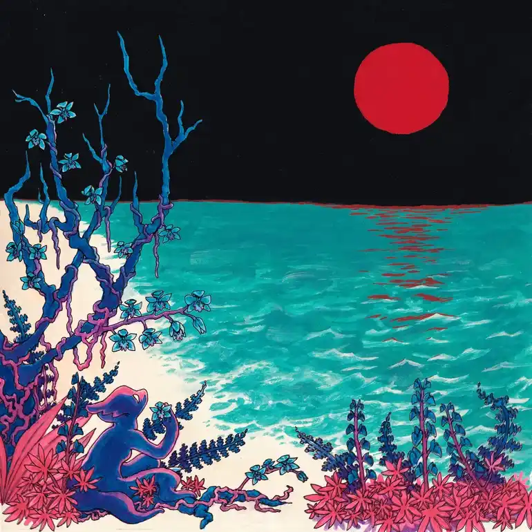 A stylized, colorful illustration depicts a blue, cat-like creature sitting on a beach under a large red sun or moon…