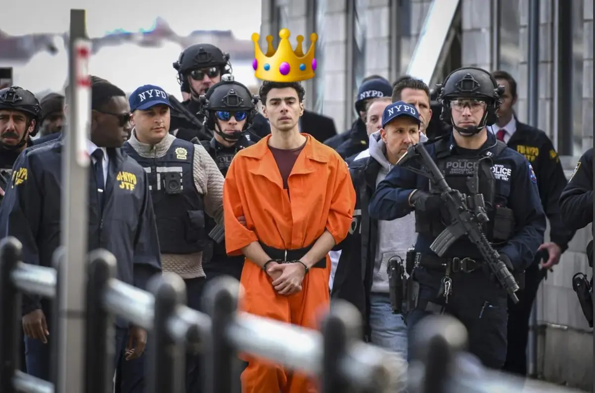 a man in an orange prison jumpsuit stands handcuffed, surrounded by heavily armed NYPD and FBI officers. A cartoonish golden…