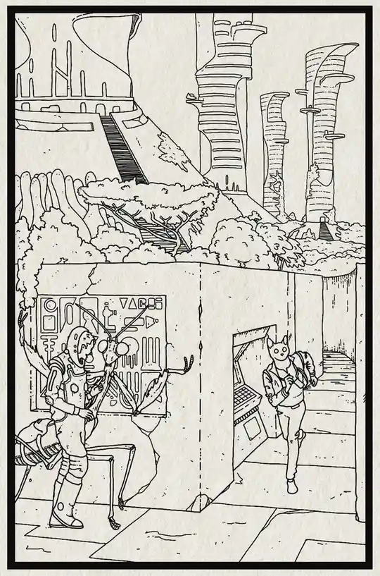A black-and-white line drawing depicts a humanoid alien in a bulky spacesuit standing in a futuristic, ruinous cityscape…