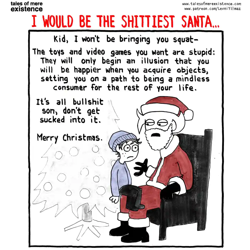 A cartoon depicts a grumpy, cynical Santa Claus sitting in a chair and talking to a wide-eyed child in front of a simple…