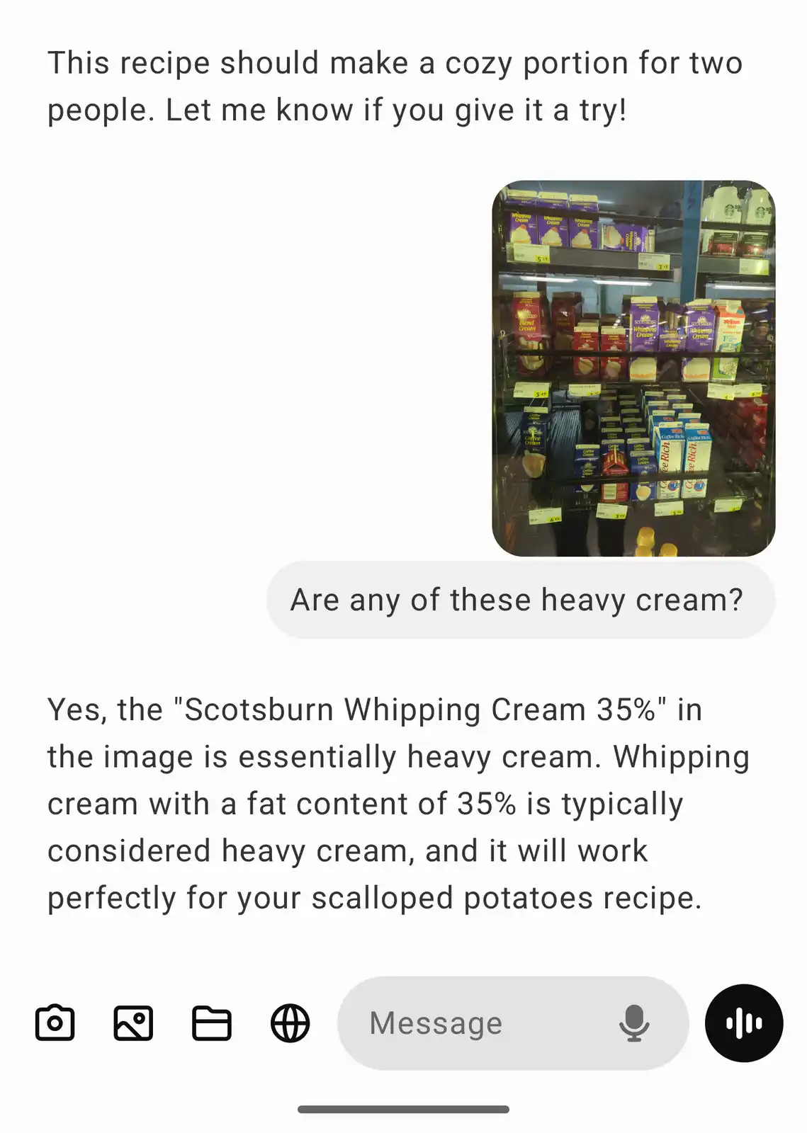 A screenshot of a text conversation shows a user asking if any of the various cream products in a grocery store photo are…