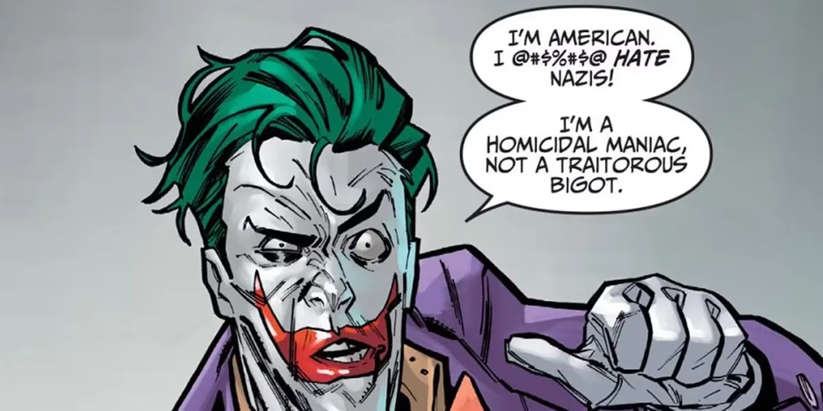 The image shows the comic book character Joker with green hair, white face paint, red lips, and a purple suit. He is…